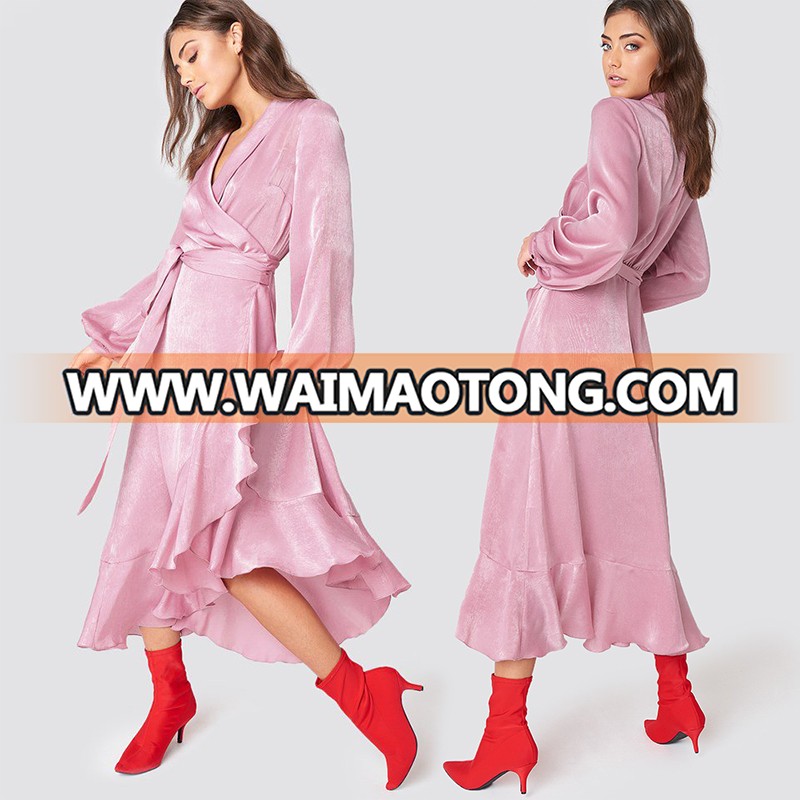 Pink Satin Ruffle Fall Wrap Dress Ladies Pink