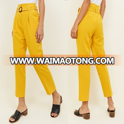 Women high waist belt buckle pencil trousers pants in yellow color