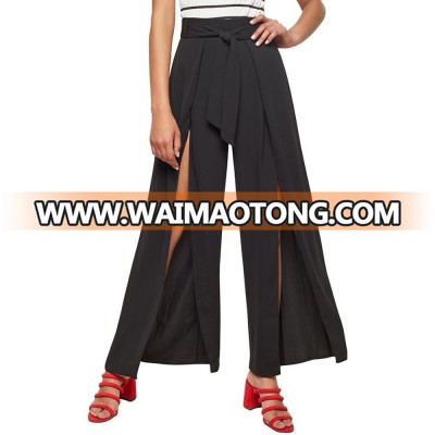 Women slit openning high waist trousers ladies pants in black color