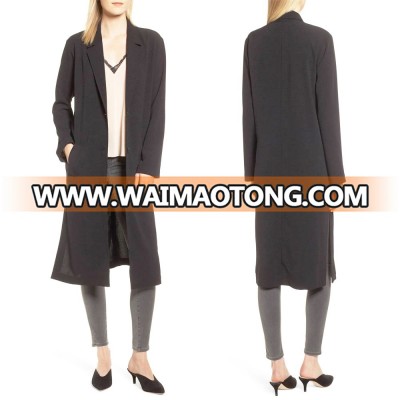 Women polyester simple black long custer coat for ladies