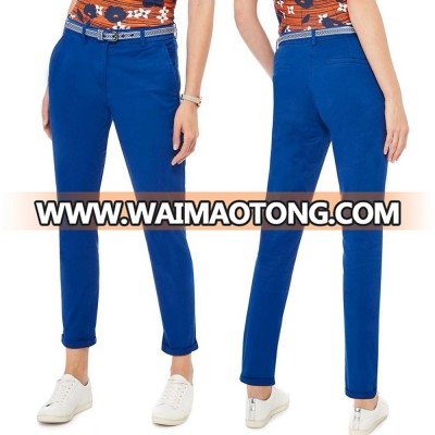 Women cotton pencil trousers pants in blue color with belt