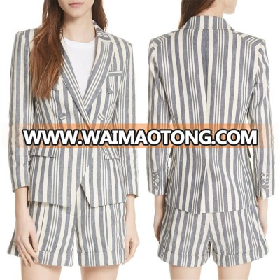 Latest fashion design Striped cotton linen long sleeve Winter coat Women Jacket Blazer