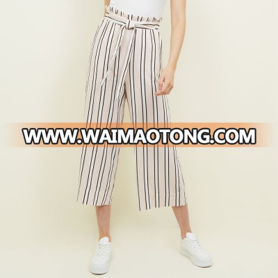 Women white stripe linen blend paperbag trousers pants with front tie